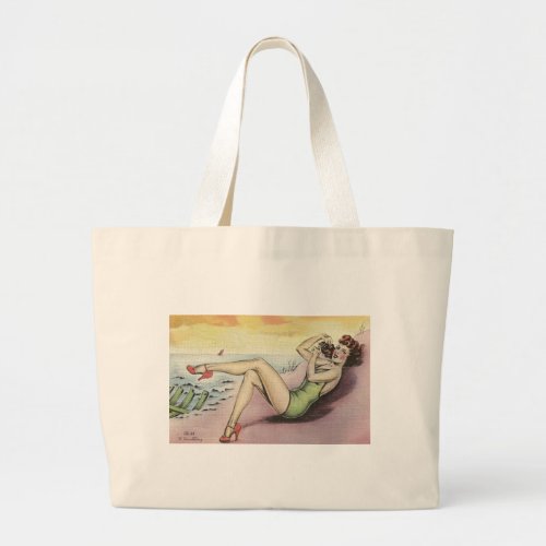 Pinup Girl on the Beach Large Tote Bag
