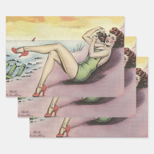Pinup Girl on the Beach Wrapping Paper Sheets