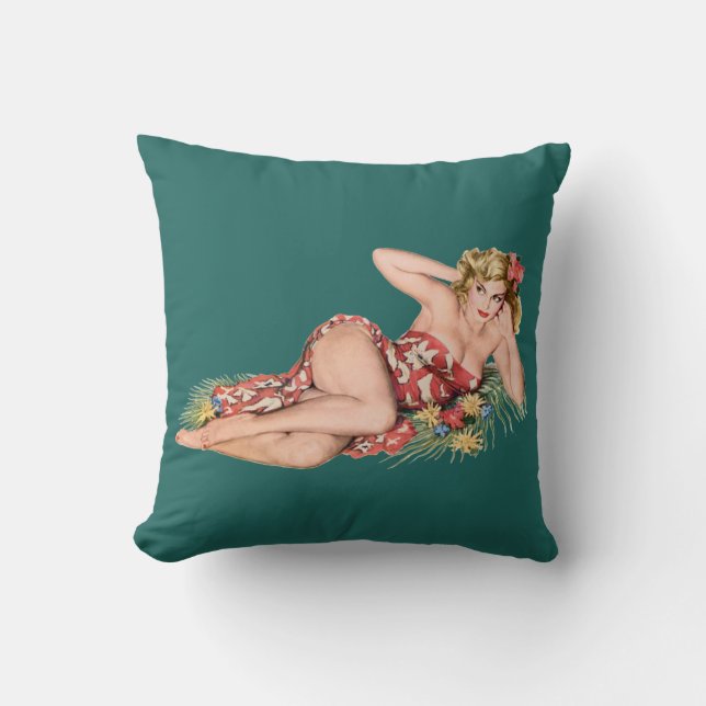 pinup girl pretty blond wearing sarong + hibiscus throw pillow (Front)