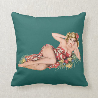 pinup girl pretty blond wearing sarong + hibiscus throw pillow