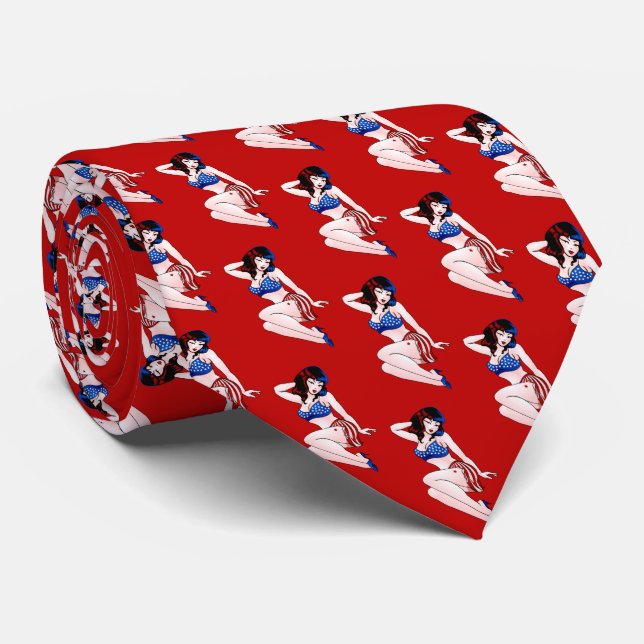 Pinup Girl Tie USA Pinup Necktie 4th of July  Ties (Rolled)