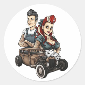 Pinup Girl with Rockabilly Hot-road car with dices Classic Round Sticker