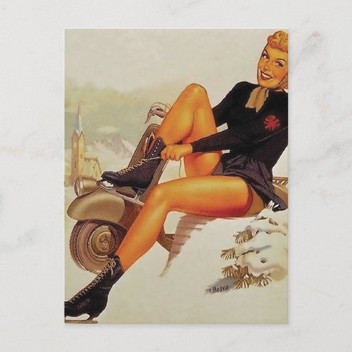 Pinup Ice Skating Girl Postcard