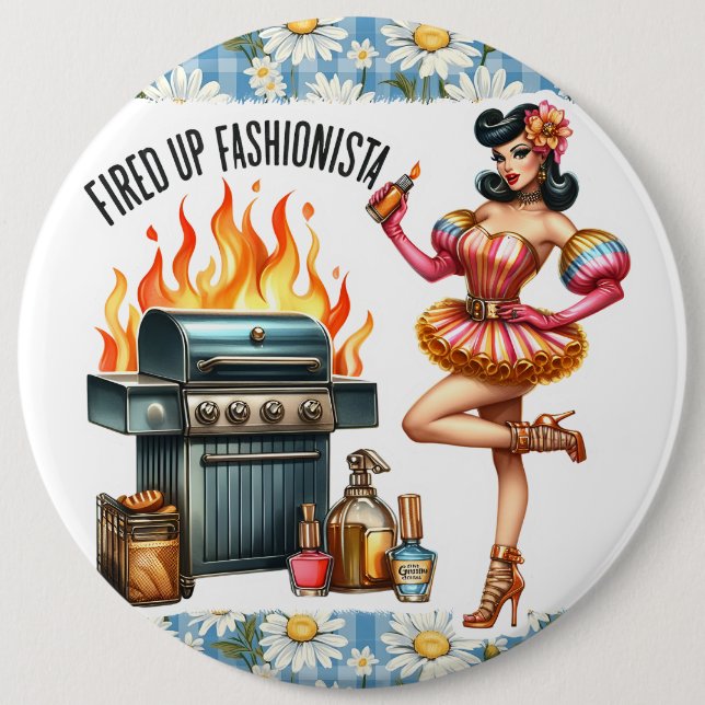 Pinup Lady Vintage Pinback Pins Grilling BBQ (Front)