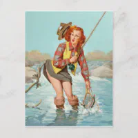 Pinup redhead girl had fishing accident funny postcard