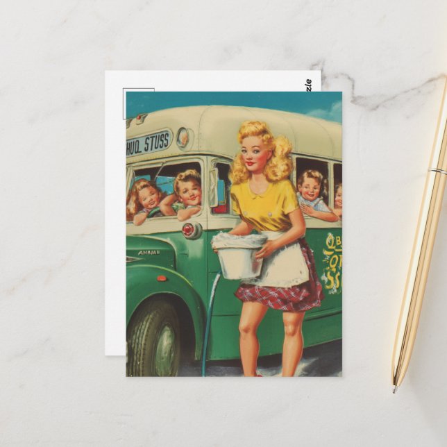 Pinup Retro Woman Washing a School Bus Postcard (Front/Back In Situ)