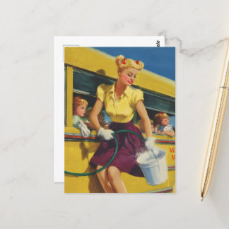 Pinup Retro Woman Washing a School Bus Postcard