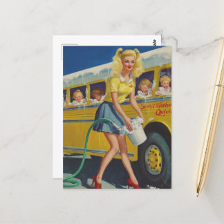 Pinup Retro Woman Washing a Yellow School Bus Postcard