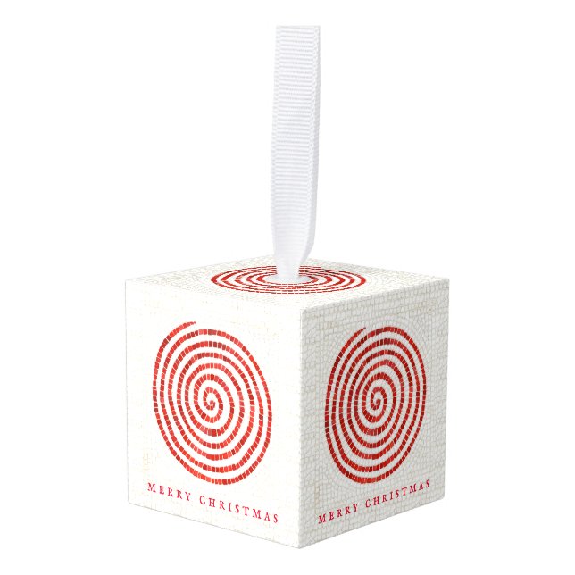 PINWHEEL MOSAIC Wooden Cube Ornament + Text (Front Angled)