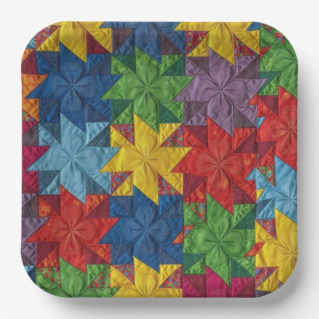Pinwheel Patchwork Quilt Pattern Paper Plates (Front)