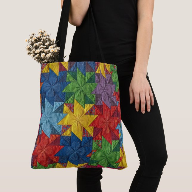 Pinwheel Patchwork Quilt Pattern Tote Bag (Close Up)