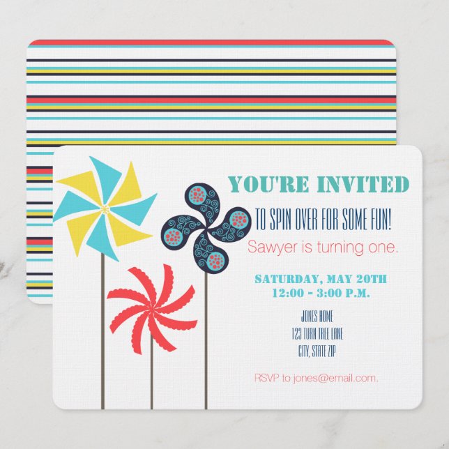 Pinwheel Themed Birthday Invitation - Colorful (Front/Back)