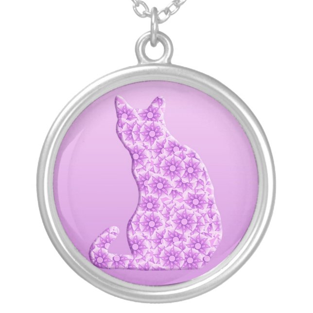 Pinwheels Cat - lavender, purple Silver Plated Necklace (Front)