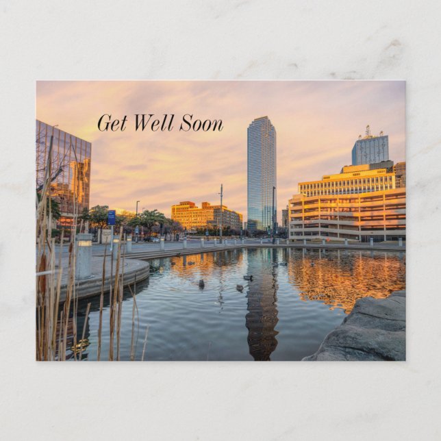Pioneer Plaza Pond Morning Get Well Postcard (Front)