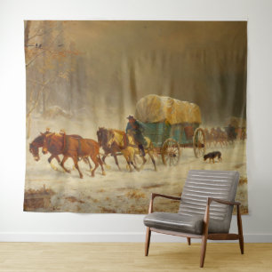 Pioneers Braving a Snow Storm Going Home Tapestry
