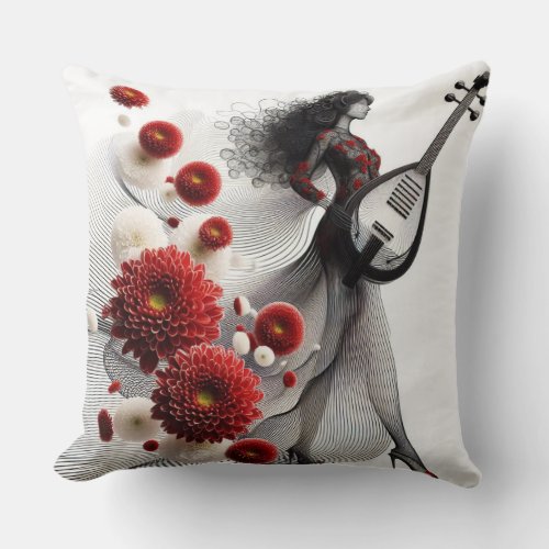 Pipa  Chrysanthemum Fusion of Harmony Black  Red Throw Pillow