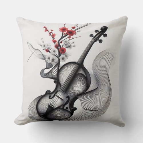 Pipa Instrument with Ehru  Red Cherry Blossom  Throw Pillow