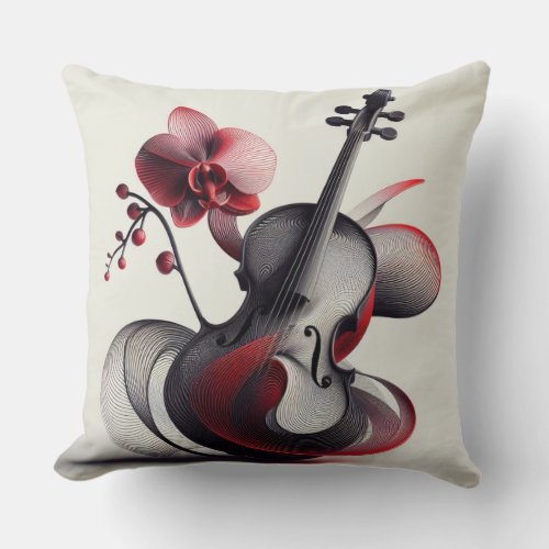 Pipa Instrument with outline of Cello  Red Orchid Throw Pillow