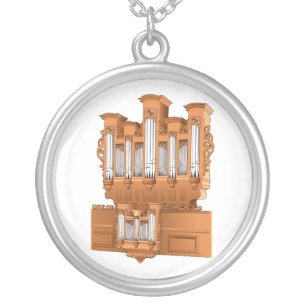 Pipe Organ, Church Organ Graphic Brown Silver Plated Necklace