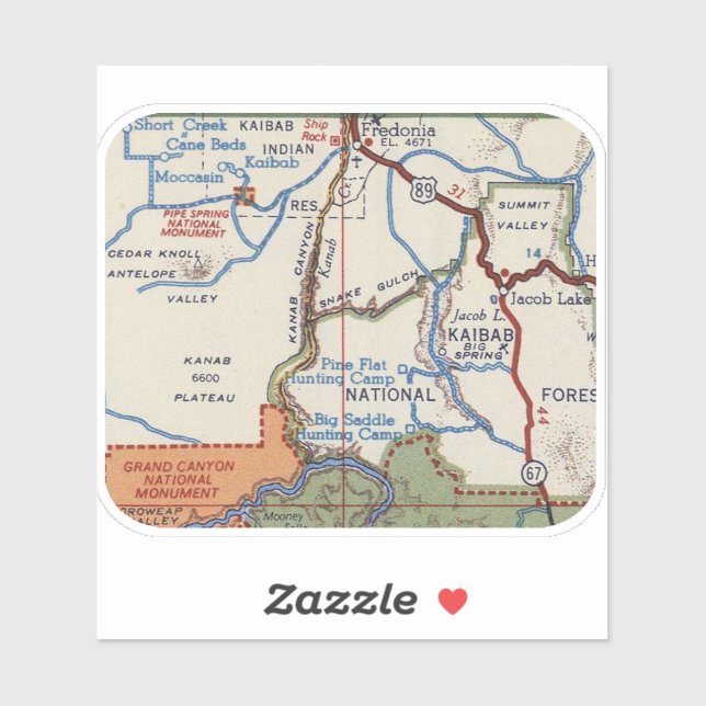 Pipe Springs National Monument Vintage Map Sticker (Sheet)