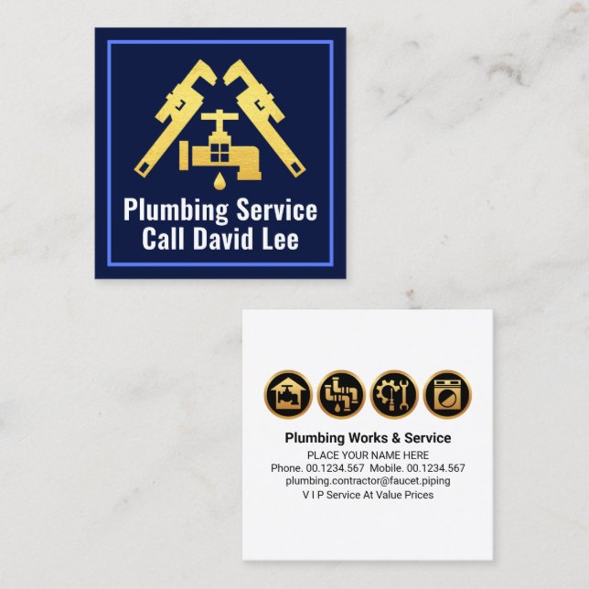 Pipe Wrench Faucet Leaking Roof Square Business Card (Front/Back)