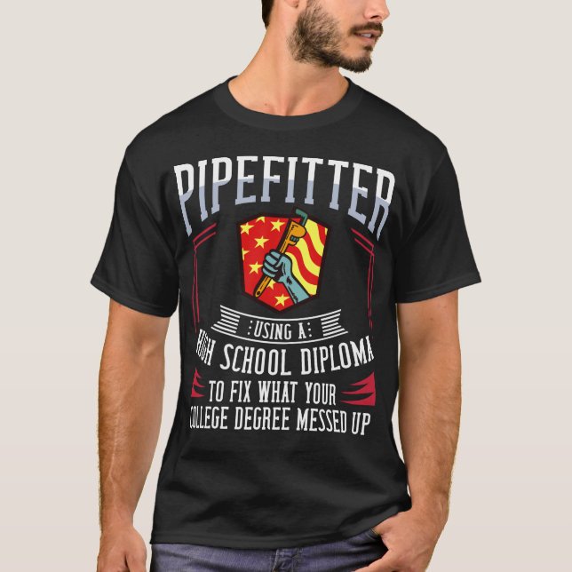 Pipefitter Steamfitter Plumber USA American Flag T-Shirt (Front)