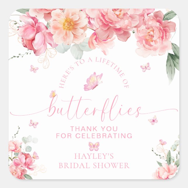 Piper Peony Butterfly Bridal Shower Favor Square Sticker (Front)