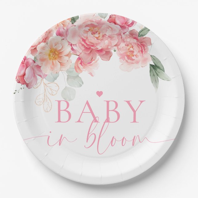 Piper Peony Floral Baby In Bloom Baby Shower Paper Plates (Front)