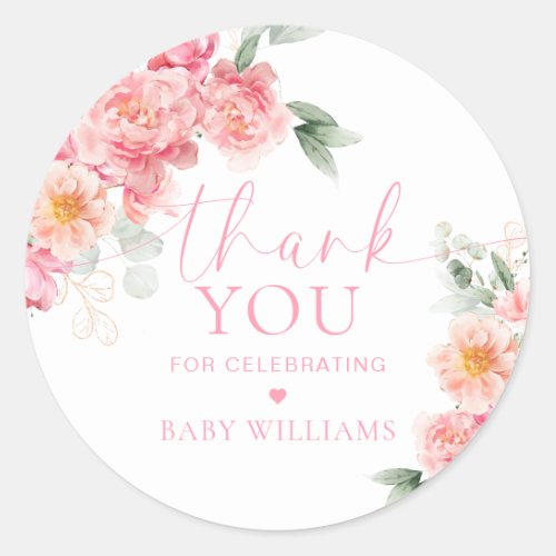 Piper Peony Floral Baby Shower Thank You Favor Classic Round Sticker