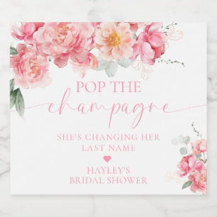 Piper Peony Floral Pop the Champagne Bridal Shower Sparkling Wine Label