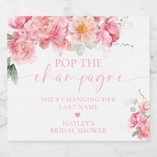 Piper Peony Floral Pop the Champagne Bridal Shower Sparkling Wine Label
