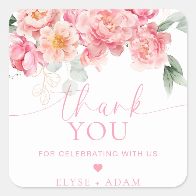 Piper Peony Floral Thank You Favor Square Sticker (Front)
