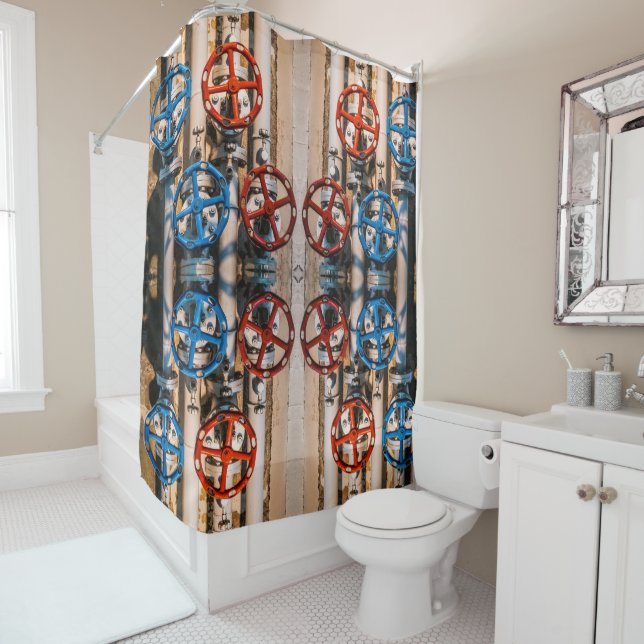 Pipes with red and blue valves x-large pattern shower curtain (In Situ)