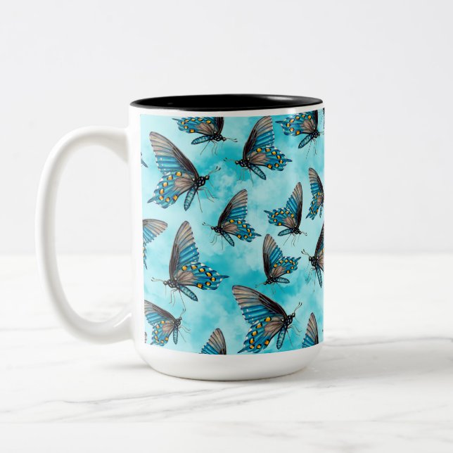 Pipevine Swallowtail Butterfly Aqua Clouds  Two-Tone Coffee Mug (Left)