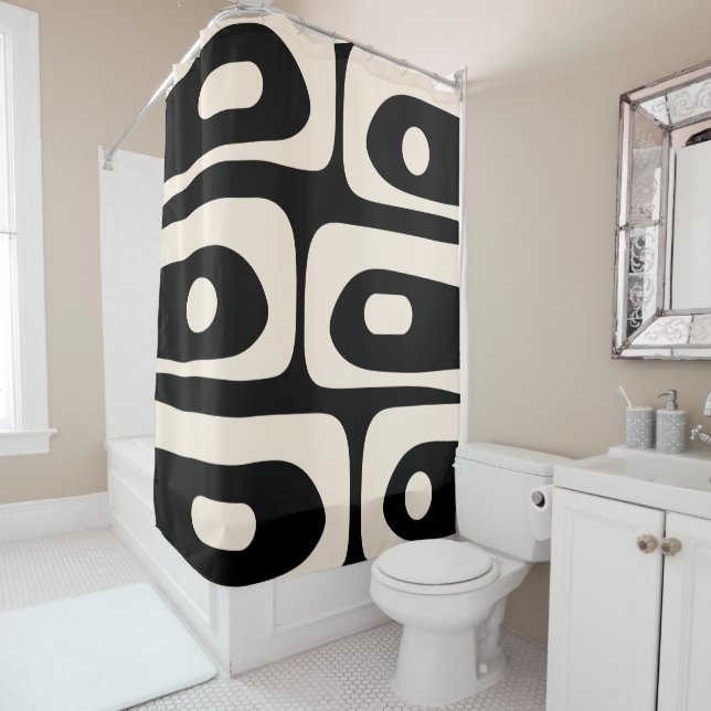 Piquet Midcentury Abstract Minimal Black and Cream Shower Curtain (In Situ)