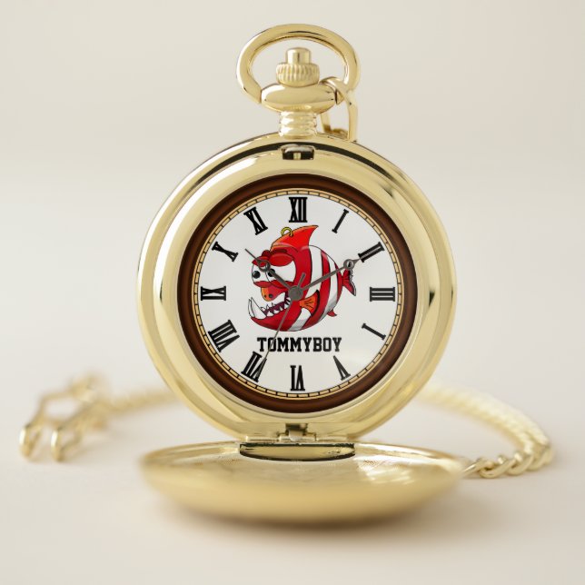 Piranha fish cartoon design Monogram gbf Pocket Watch (Inside)