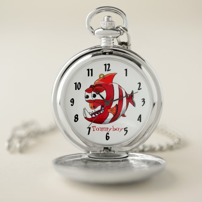 Piranha fish cartoon design Monogram pocket watch (Inside)