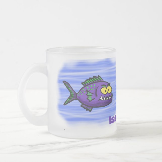 Piranha fish cartoon frosted glass coffee mug (Left)