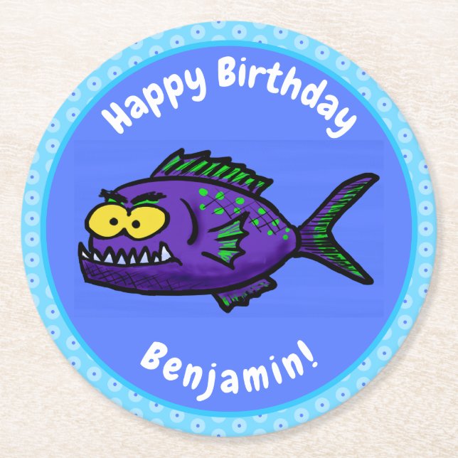 Piranha fish cartoon round paper coaster (Front)