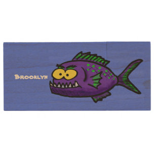 Piranha fish cartoon wood flash drive