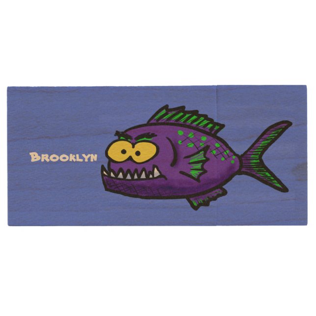 Piranha fish cartoon wood flash drive (Front)