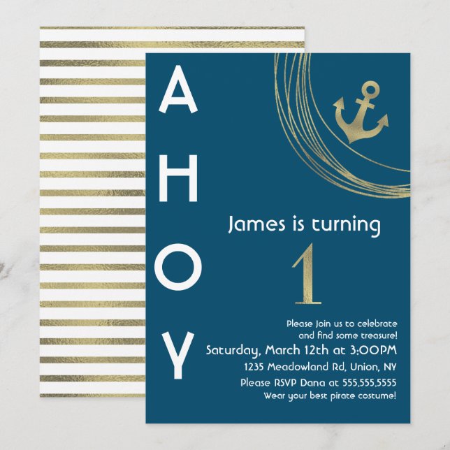 Pirate 1st Birthday Faux Gold Anchor Nautical Invitation (Front/Back)