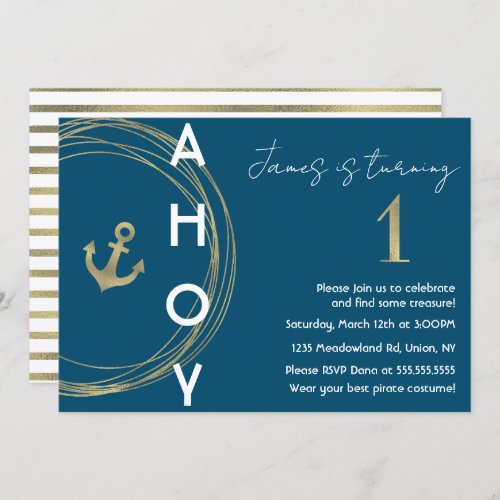 Pirate 1st Birthday Faux Gold Anchor Nautical  Invitation