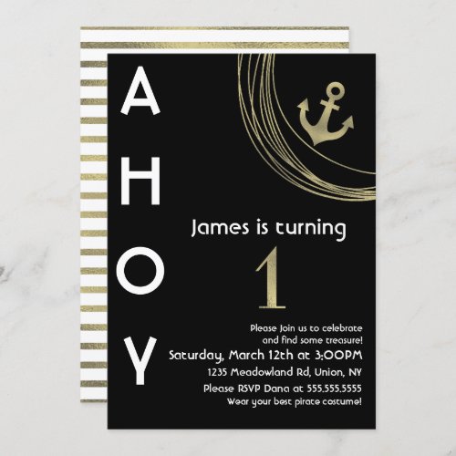 Pirate 1st Birthday Faux Gold Anchor Nautical Invitation