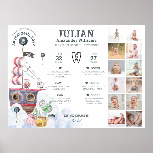 Pirate 1st Year Photo Milestone 12 Month Photo Poster (Front)