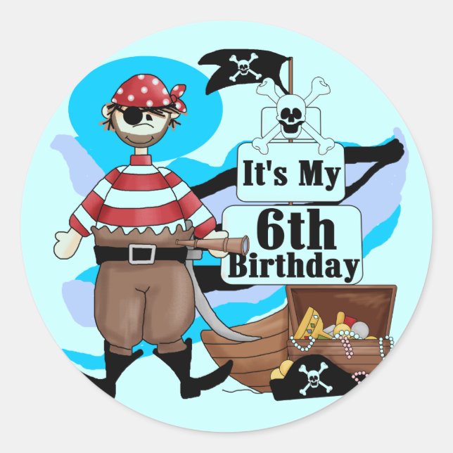 Pirate 6th Birthday t-shirts and Gifts Classic Round Sticker (Front)