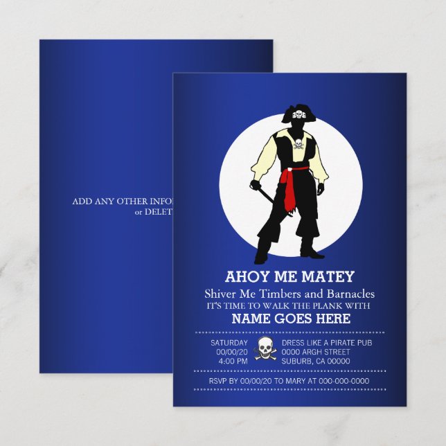 Pirate adult theme party | Personalise Wording Invitation (Front/Back)