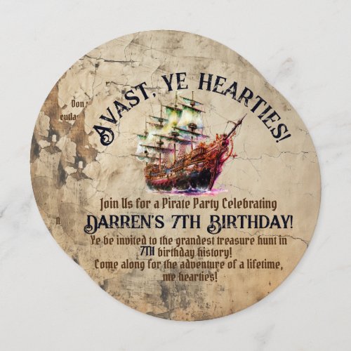 Pirate Adventure Awaits  Vintage Ship Theme Party Invitation