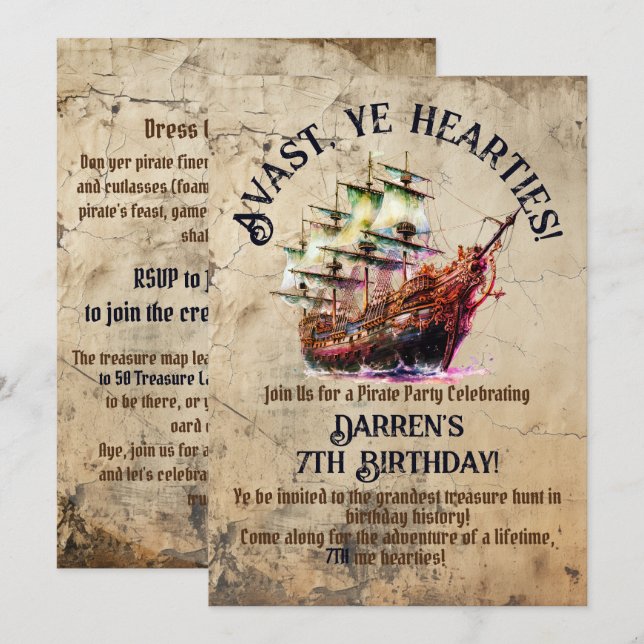 Pirate Adventure Awaits | Vintage Ship Theme Party Invitation (Front/Back)