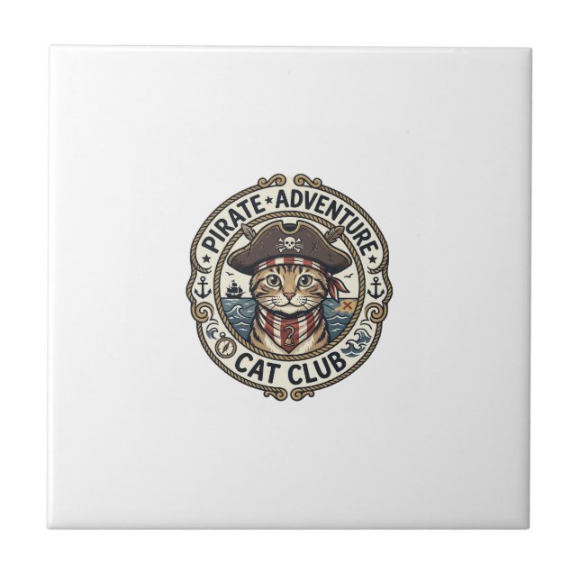 Pirate Adventure Cat POD Vector Art - Pirate Adven Ceramic Tile (Front)